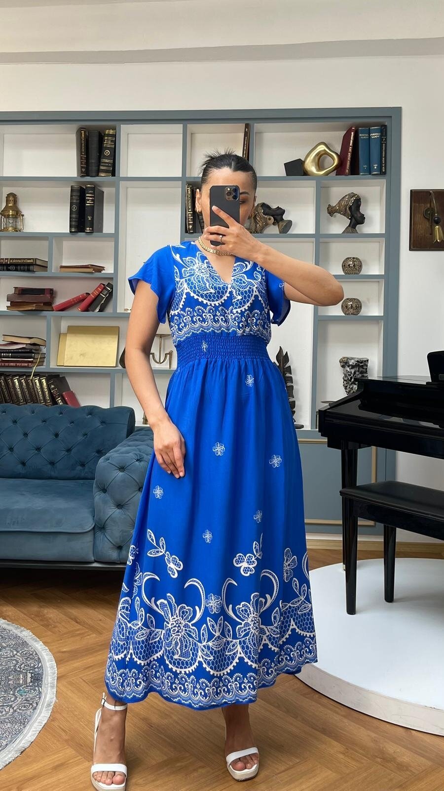 3728-MAVİ ALTI SULU GİPELİ ELBİSE