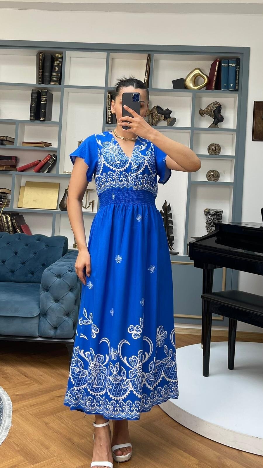 3728-MAVİ ALTI SULU GİPELİ ELBİSE