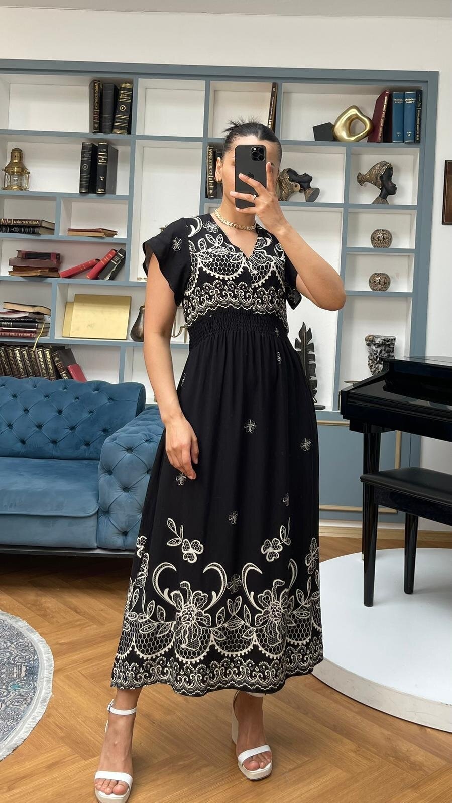 3728-SİYAH ALTI SULU GİPELİ ELBİSE