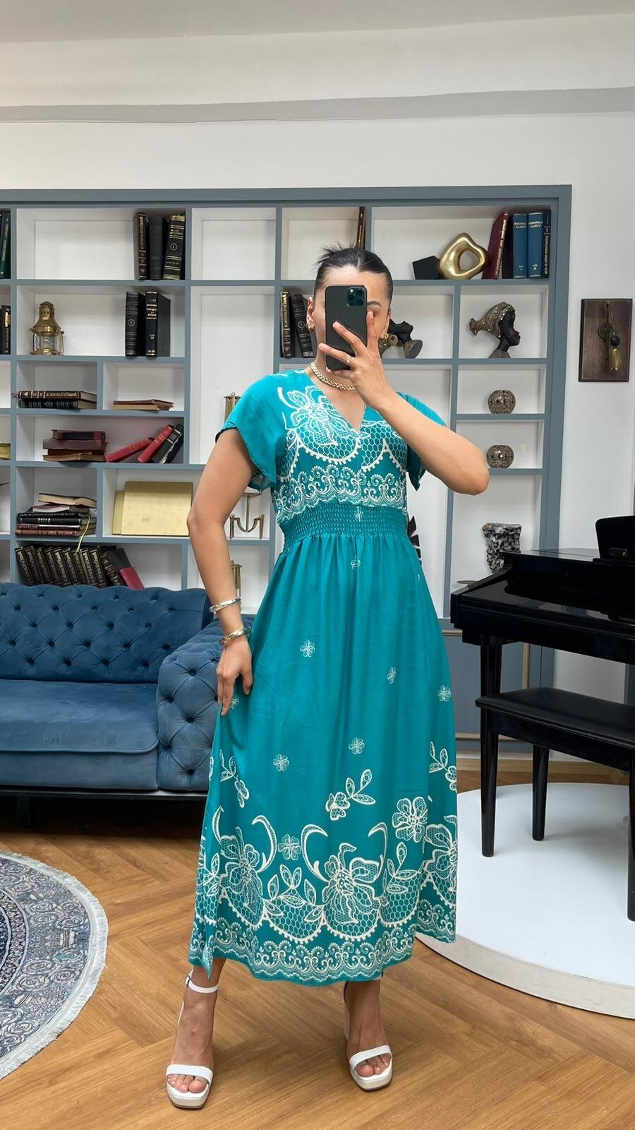 3728 YEŞİL ALTI SULU GİPELİ ELBİSE