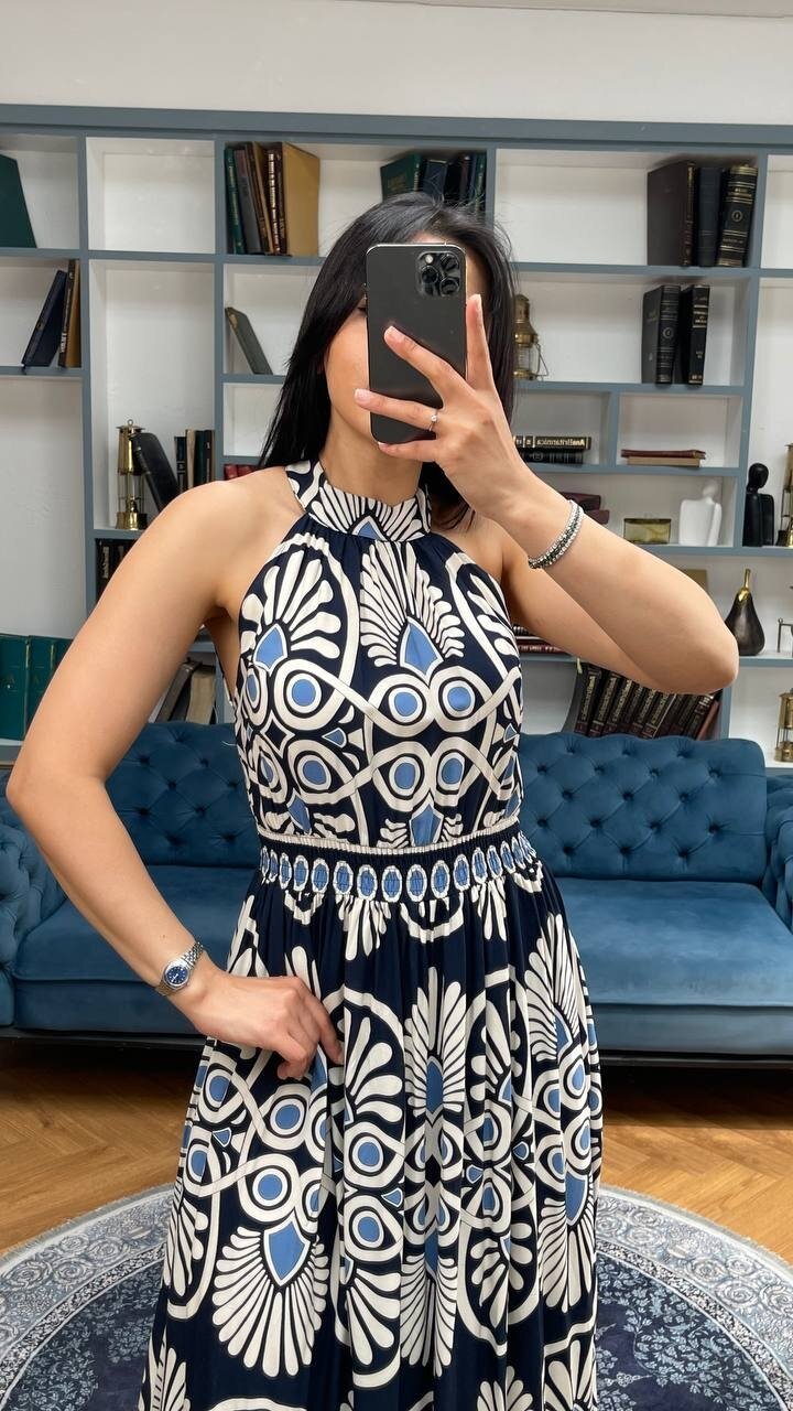 3731-LACİVERT ÇEMBER VE ÇİÇEK DESEN ELBİSE