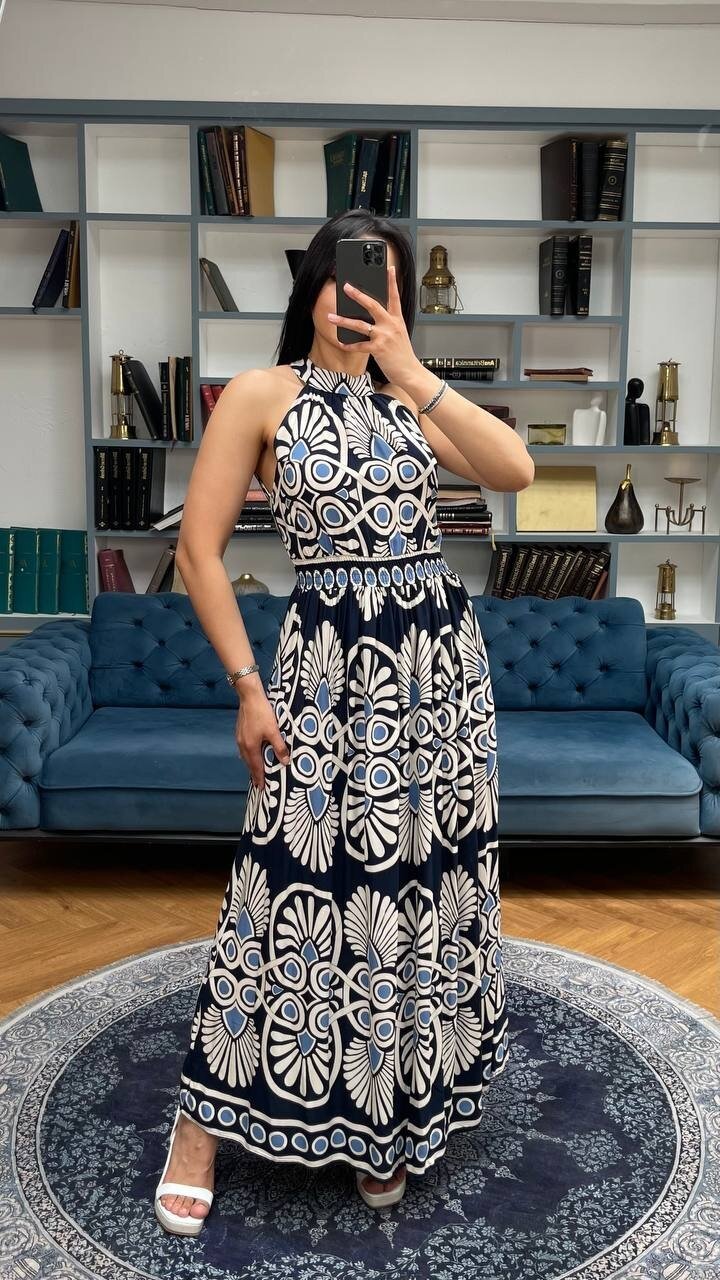 3731-LACİVERT ÇEMBER VE ÇİÇEK DESEN ELBİSE