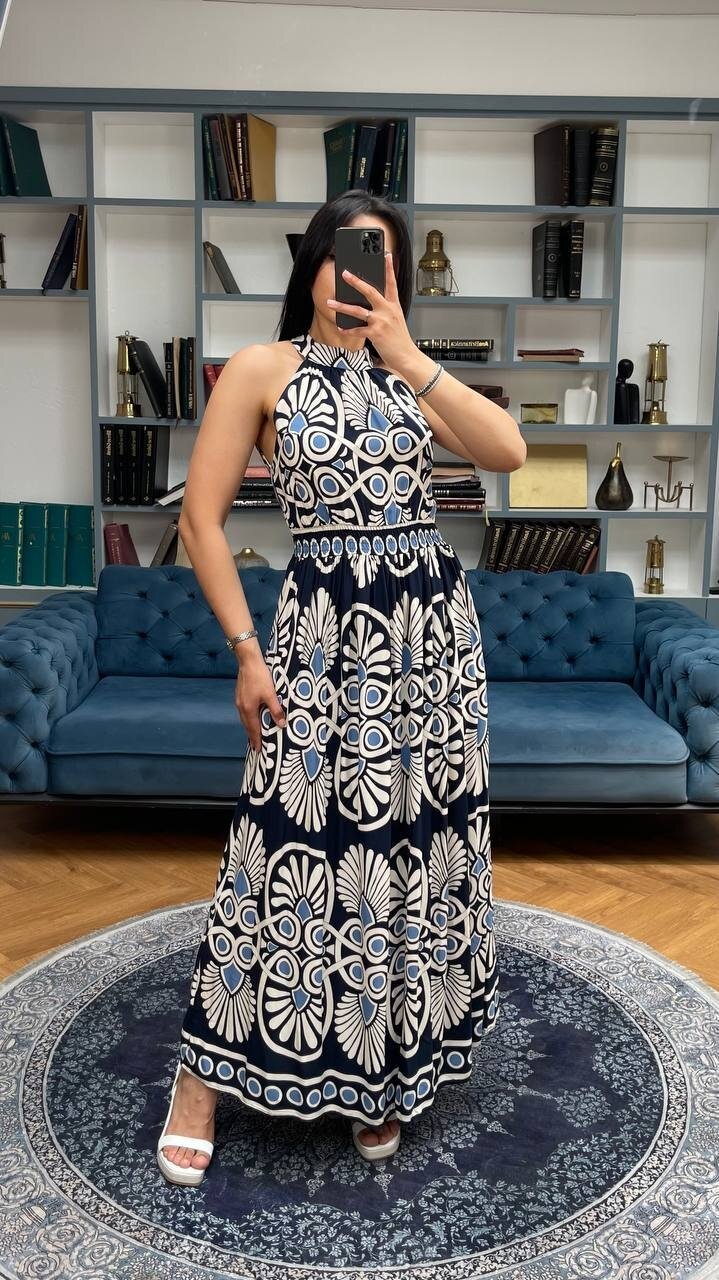 3731-LACİVERT ÇEMBER VE ÇİÇEK DESEN ELBİSE