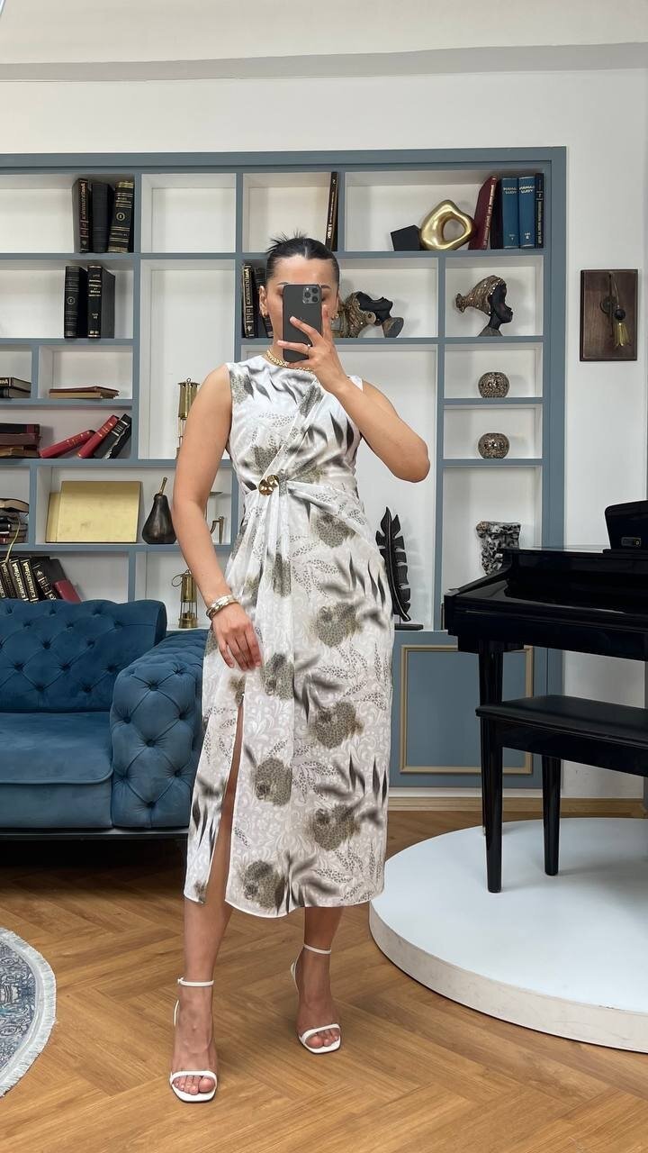 3736-OLİV ÇİÇEK DESEN BROŞLU ELBİSE