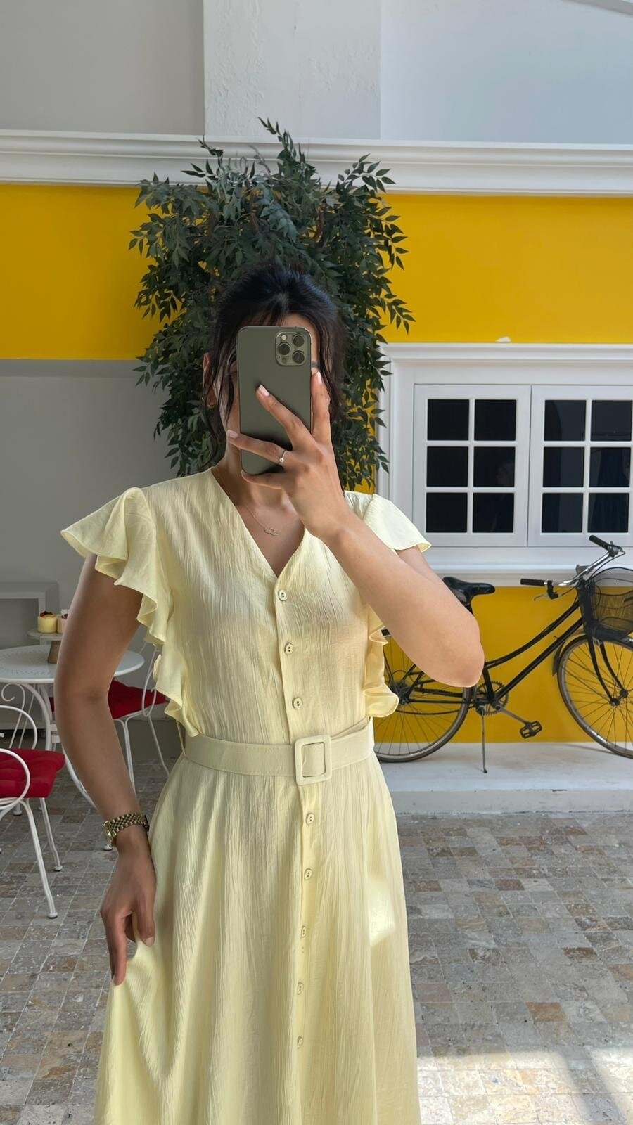 3739-SARI FIRFIRLI KEMERLİ ELBİSE