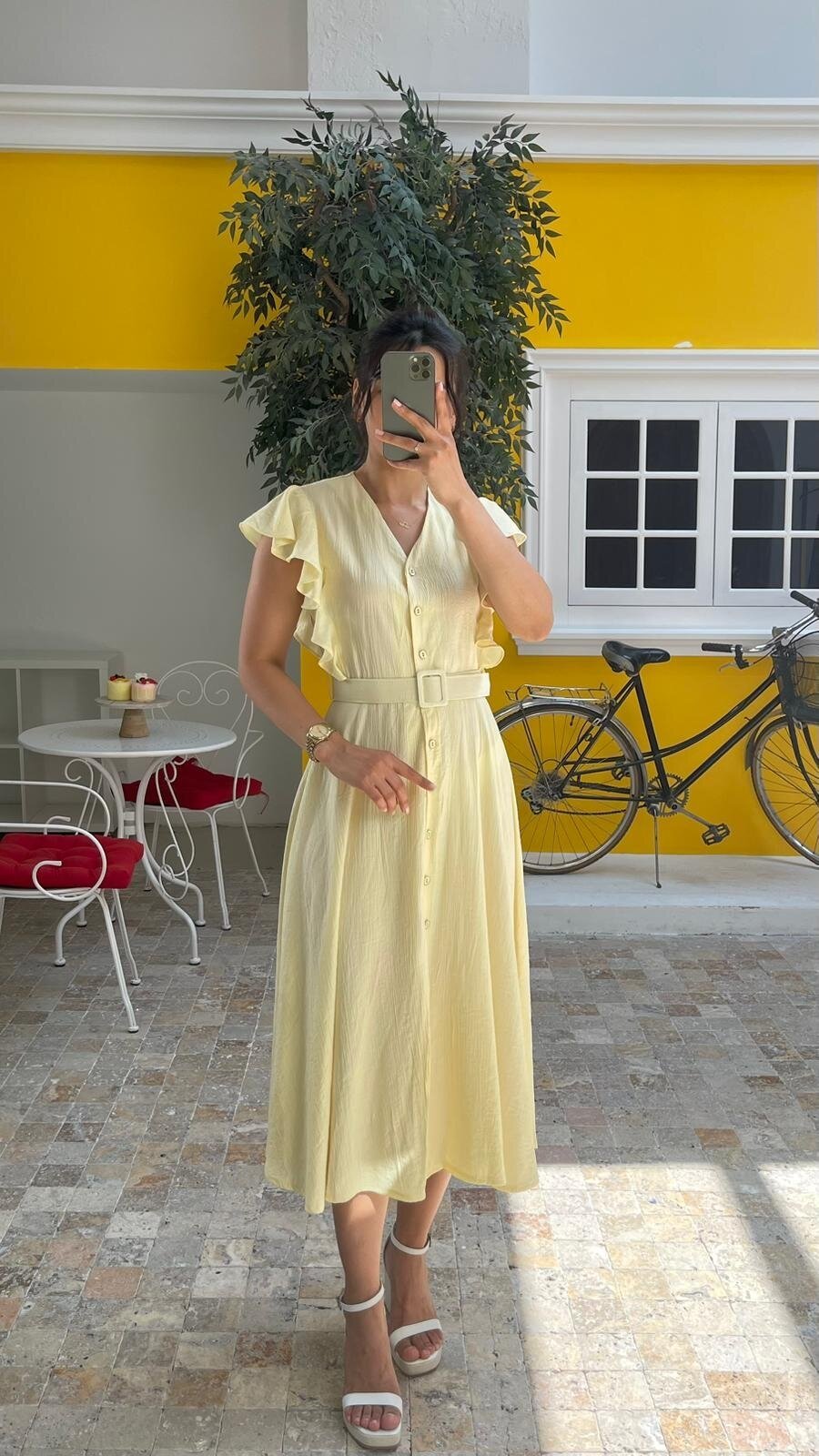 3739-SARI FIRFIRLI KEMERLİ ELBİSE