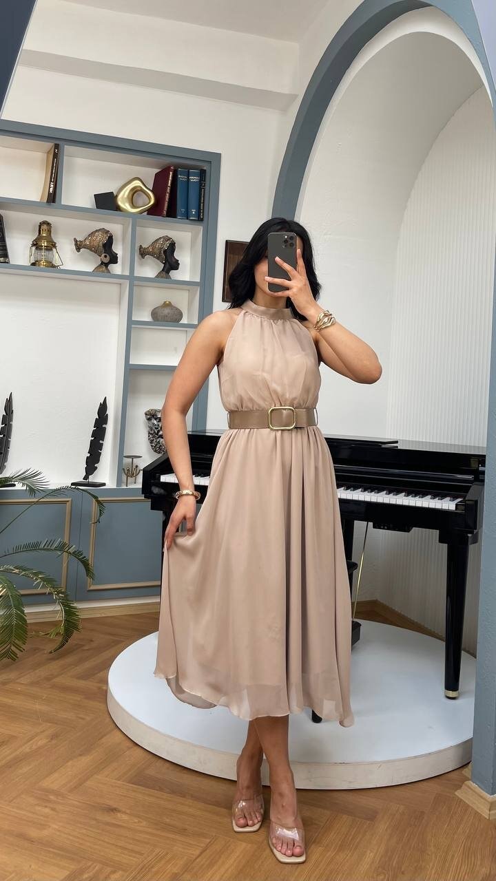 3734-BEJ SIFIR KOL KEMERLİ ELBİSE