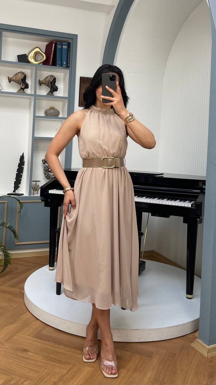 3734-BEJ SIFIR KOL KEMERLİ ELBİSE