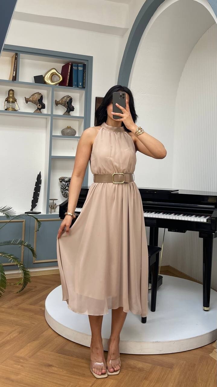 3734-BEJ SIFIR KOL KEMERLİ ELBİSE