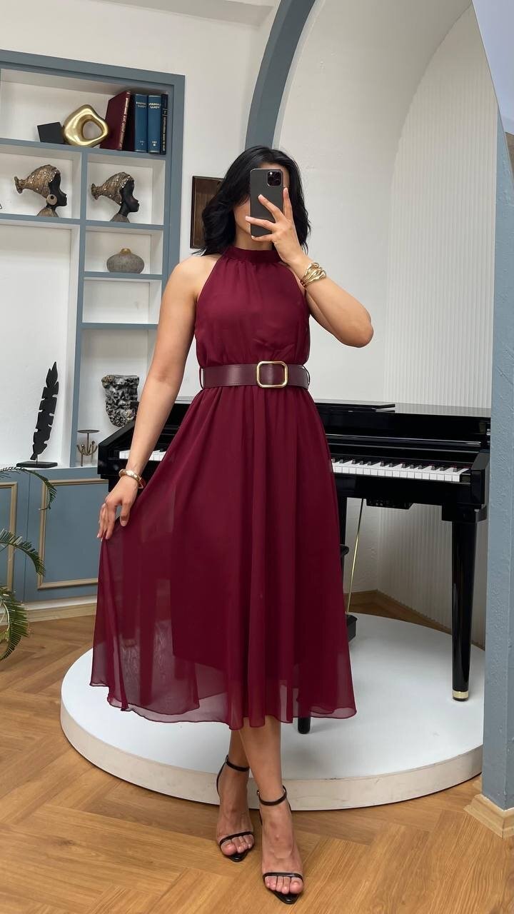 3734-BORDO SIFIR KOL KEMERLİ ELBİSE