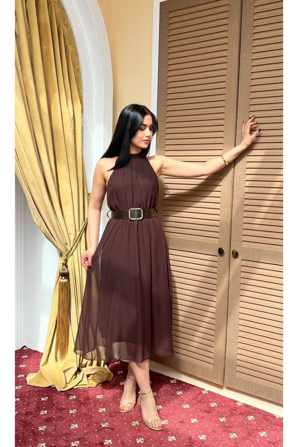 3734-KAHVE SIFIR KOL KEMERLİ ELBİSE