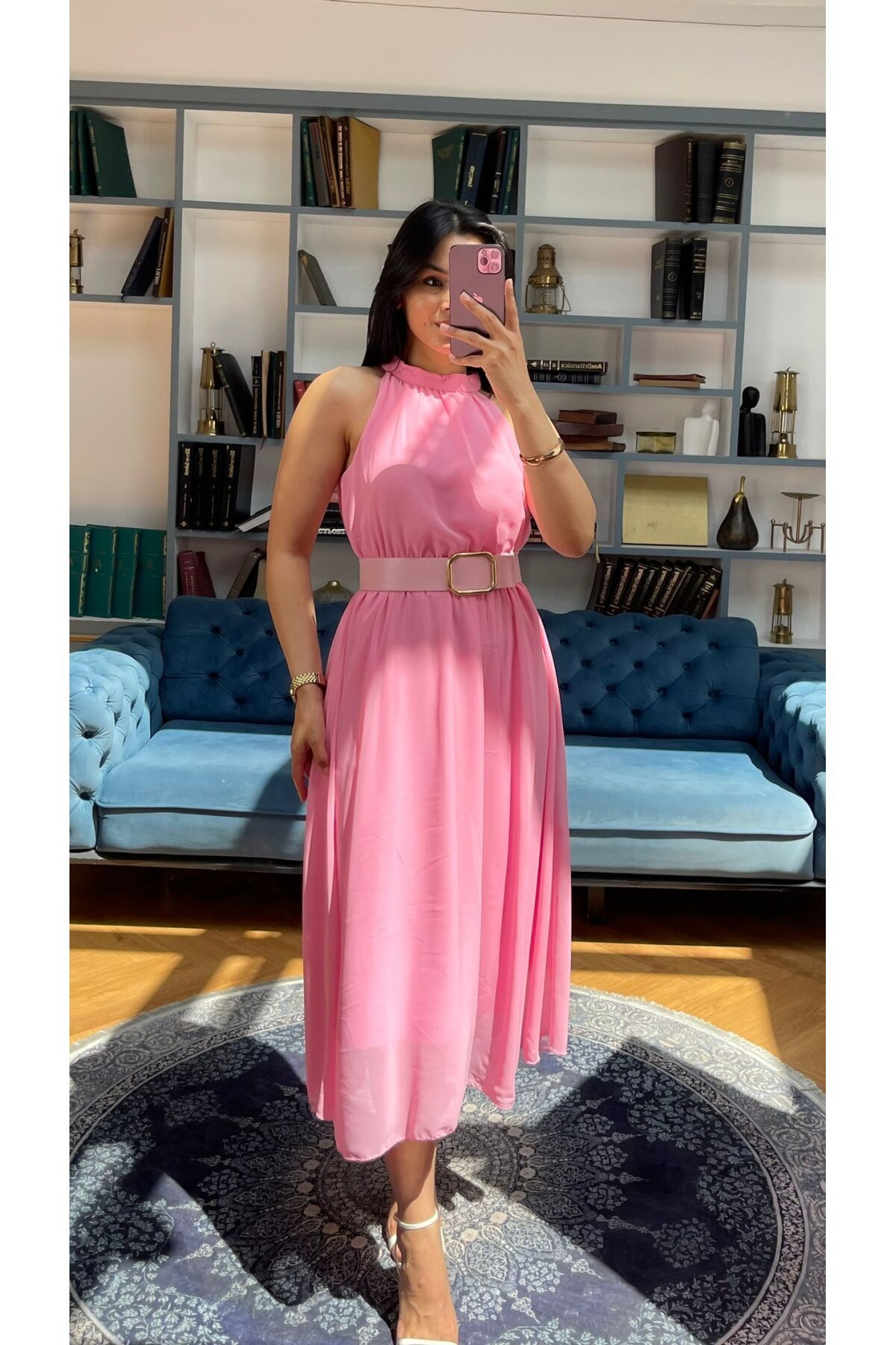 3734-PEMBE SIFIR KOL KEMERLİ ELBİSE