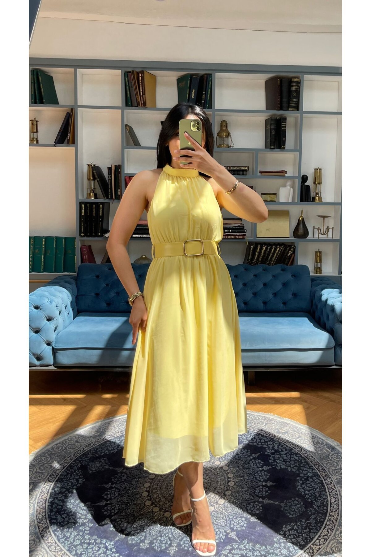 3734-SARI SIFIR KOL KEMERLİ ELBİSE