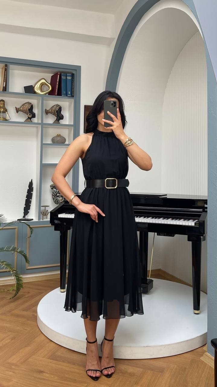 3734-SİYAH SIFIR KOL KEMERLİ ELBİSE