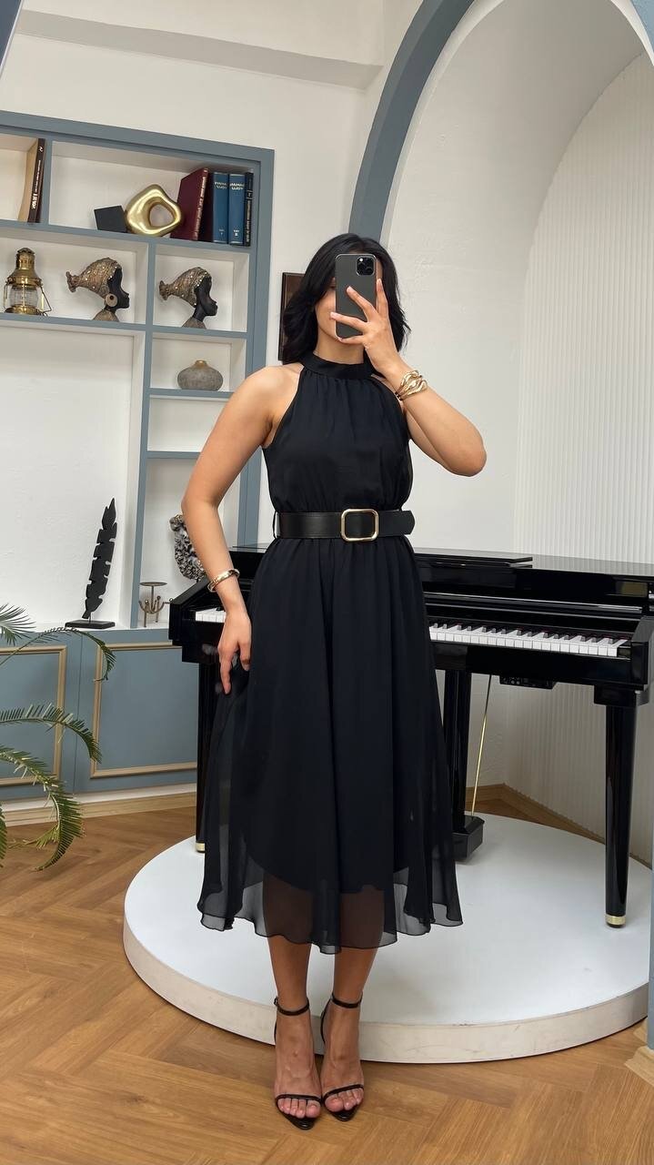 3734-SİYAH SIFIR KOL KEMERLİ ELBİSE