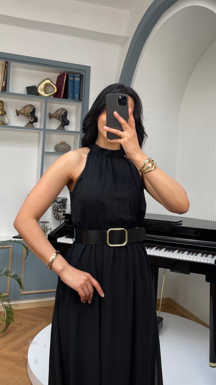 3734-SİYAH SIFIR KOL KEMERLİ ELBİSE