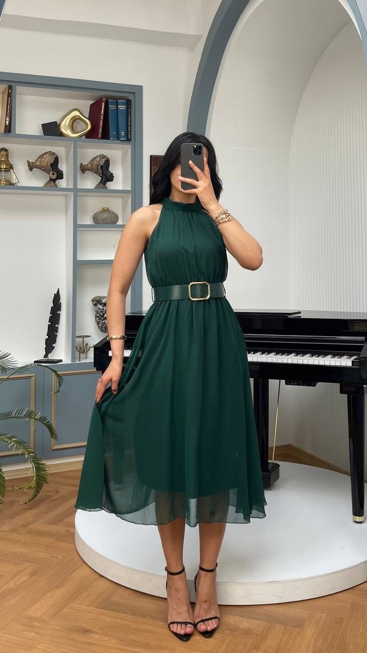 3734-ZÜMRÜT SIFIR KOL KEMERLİ ELBİSE