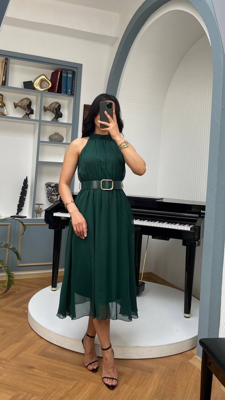 3734-ZÜMRÜT SIFIR KOL KEMERLİ ELBİSE