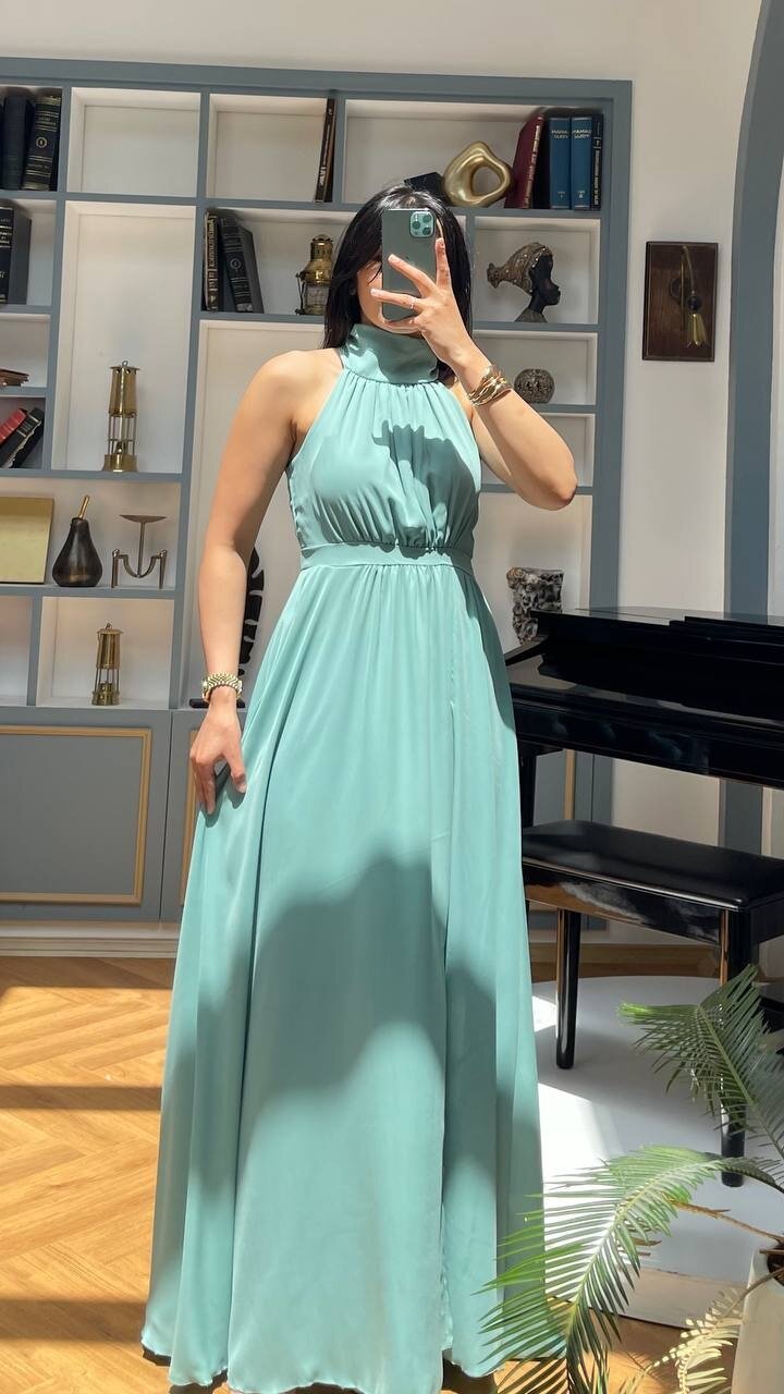 3737-SU YEŞİLİ MAKSİ BOY ELBİSE