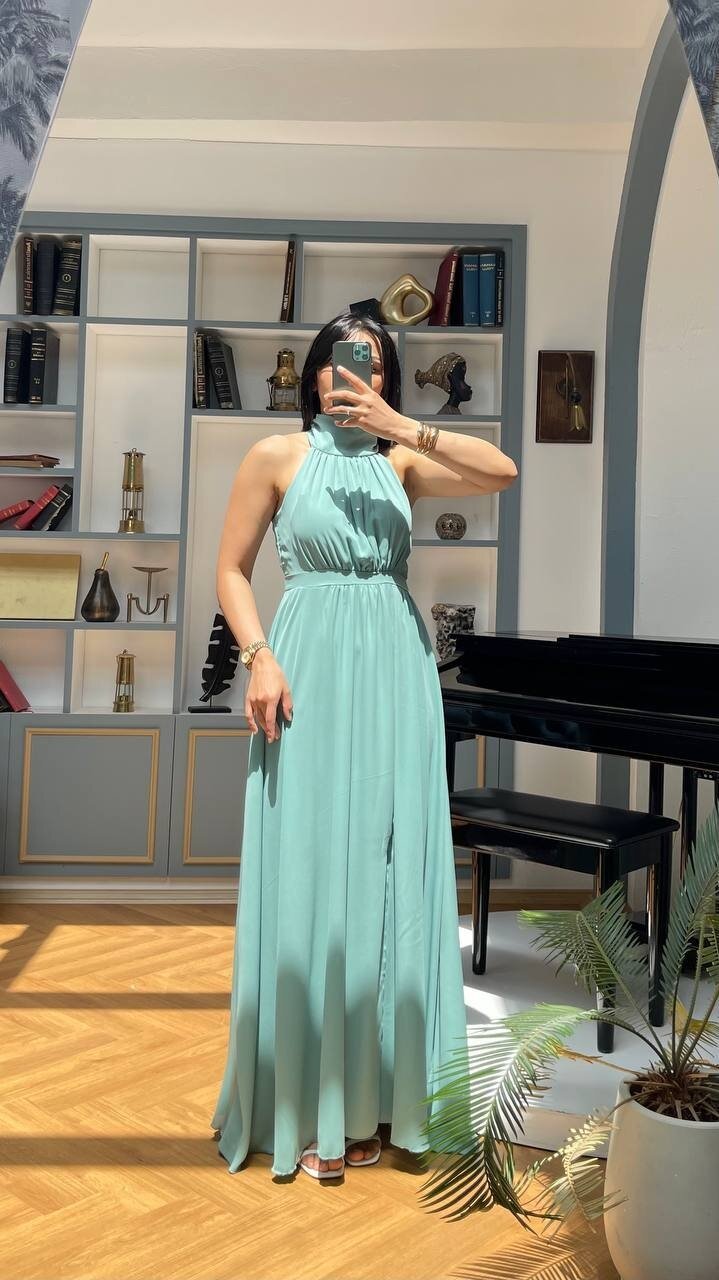 3737-SU YEŞİLİ MAKSİ BOY ELBİSE