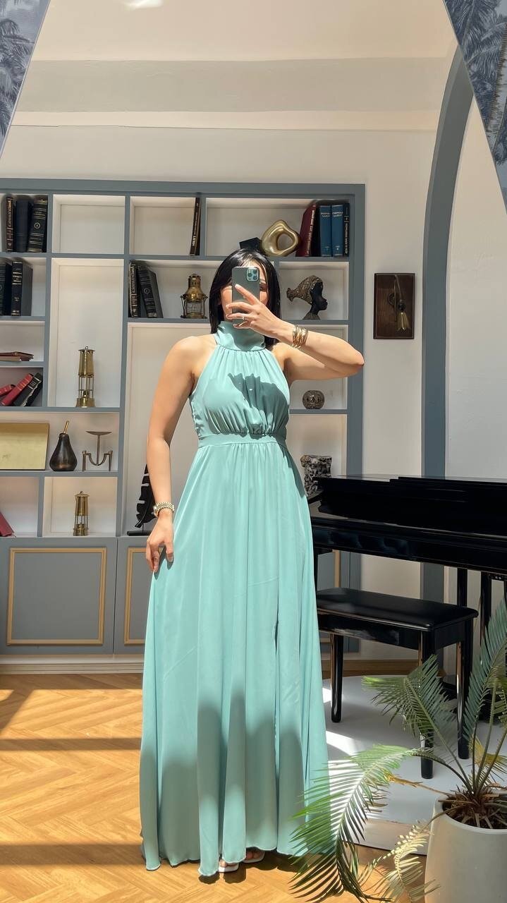 3737-SU YEŞİLİ MAKSİ BOY ELBİSE