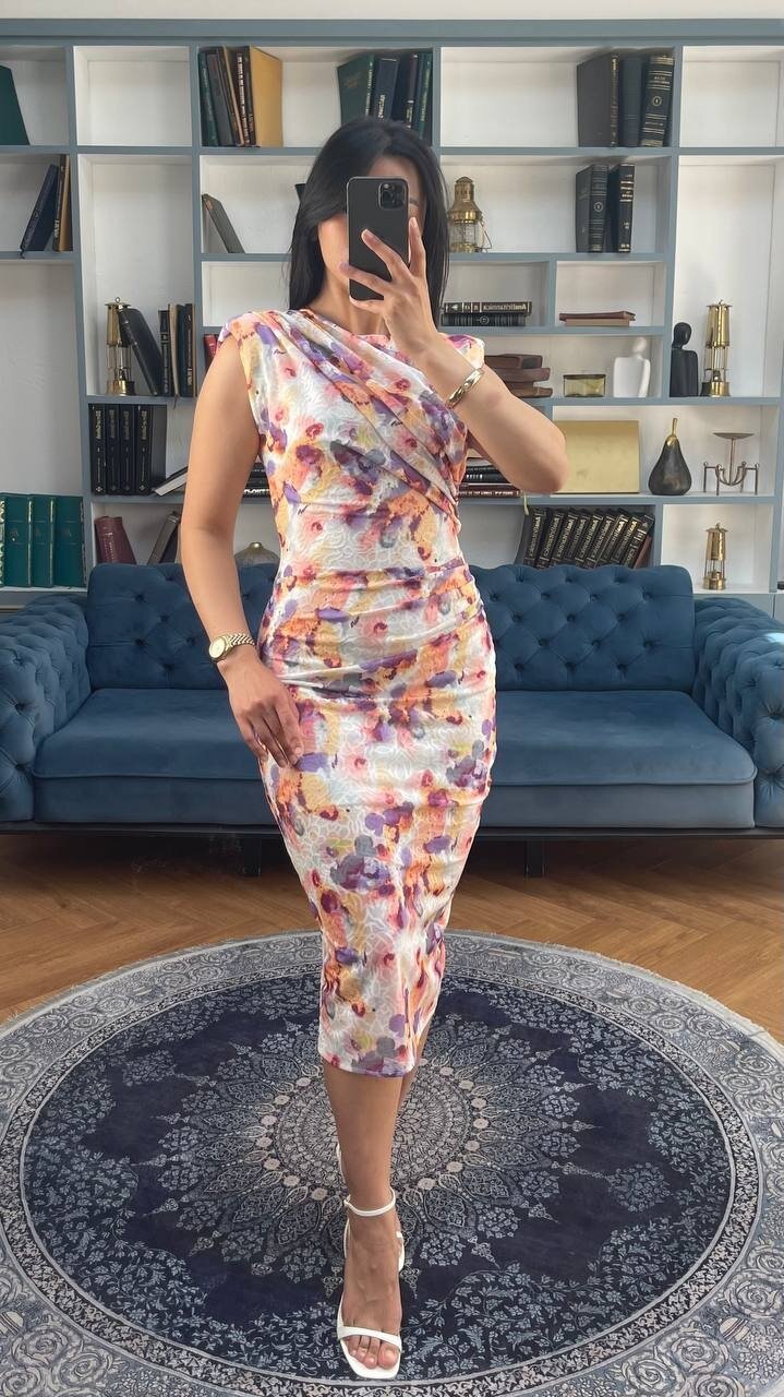 3738-ÇİÇEK DESEN DRAPELİ ELBİSE