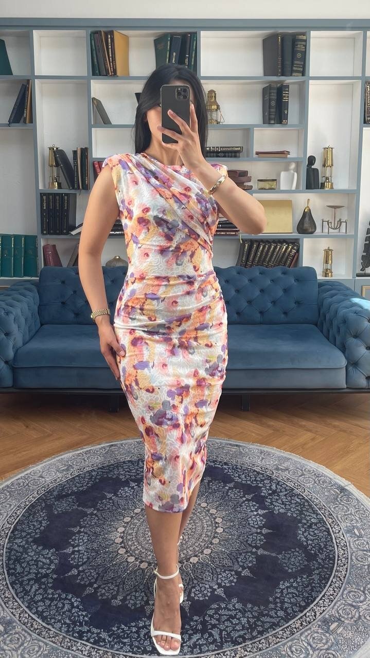 3738-ÇİÇEK DESEN DRAPELİ ELBİSE