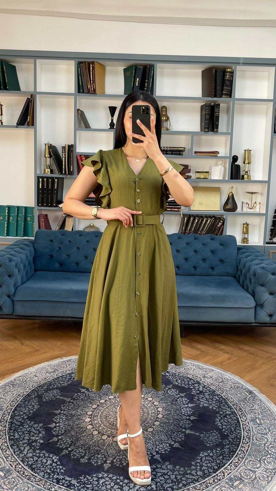 3739-HAKİ FIRFIRLI KEMERLİ ELBİSE