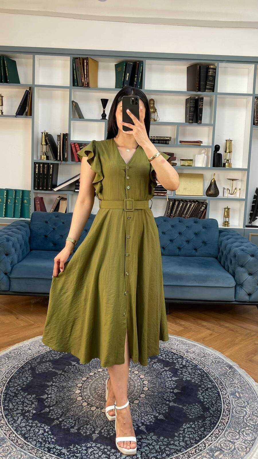 3739-HAKİ FIRFIRLI KEMERLİ ELBİSE