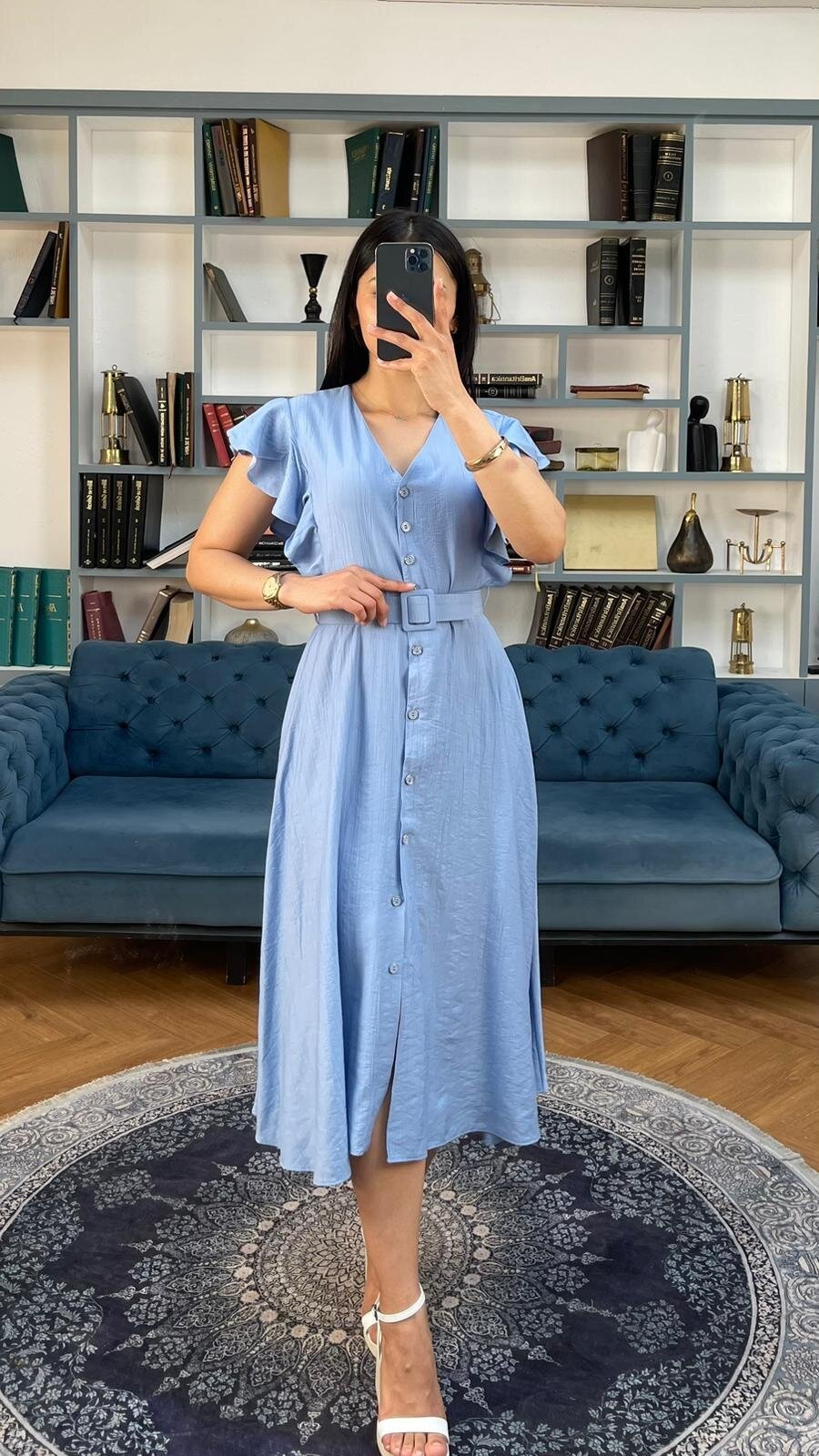 3739-MAVİ FIRFIRLI KEMERLİ ELBİSE