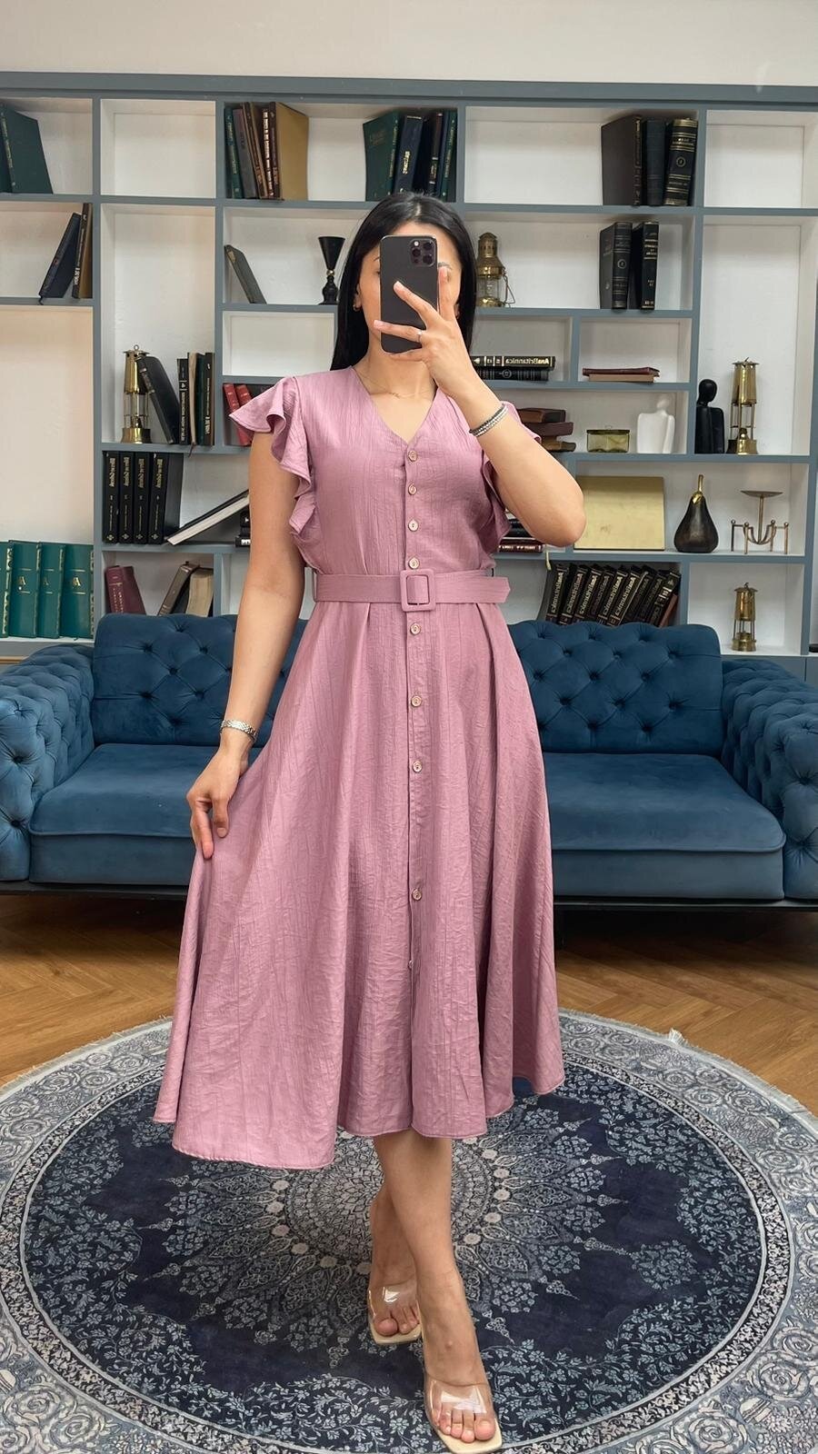 3739-PUDRA FIRFIRLI KEMERLİ ELBİSE