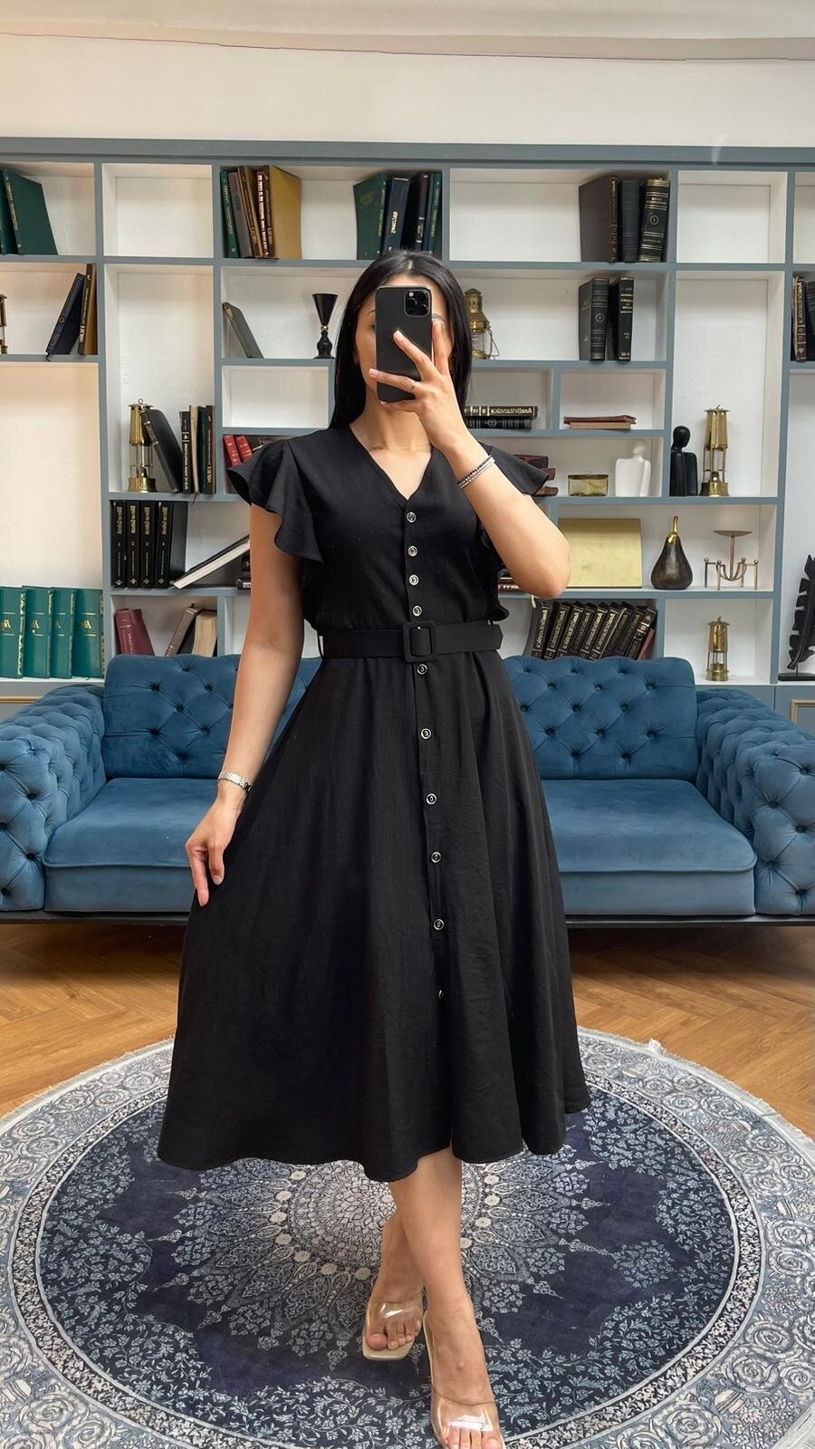 3739-SİYAH FIRFIRLI KEMERLİ ELBİSE