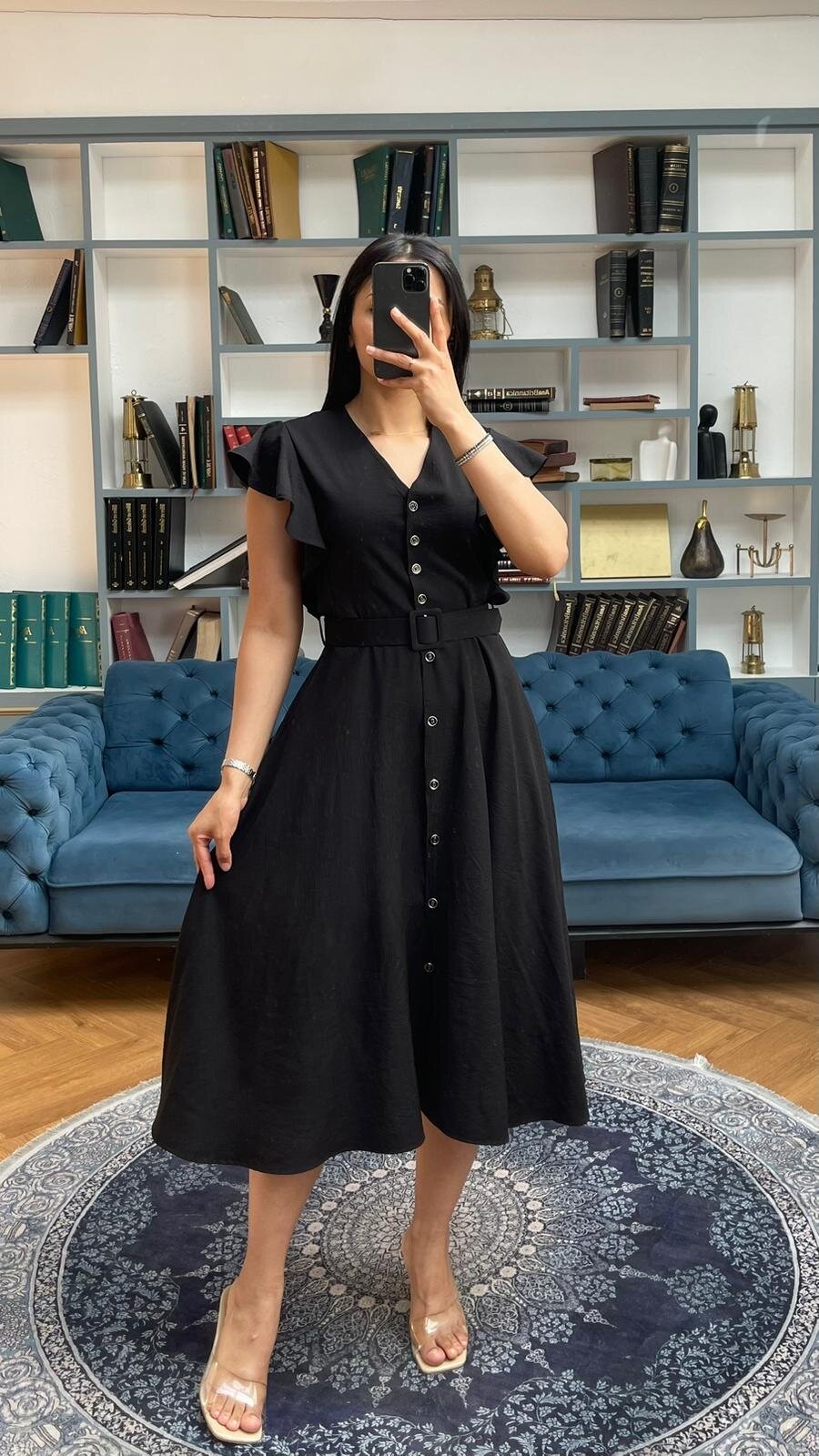 3739-SİYAH FIRFIRLI KEMERLİ ELBİSE