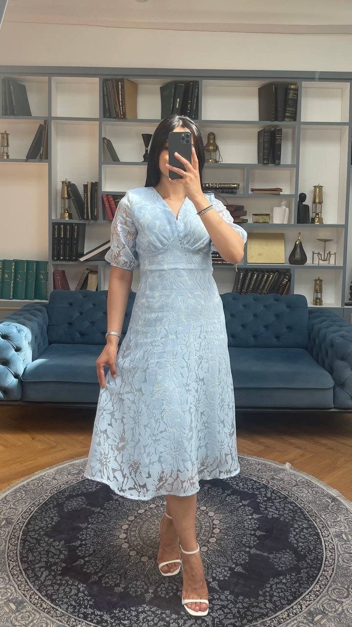 3740-MAVİ FİSTO ÇİÇEK DESEN ELBİSE