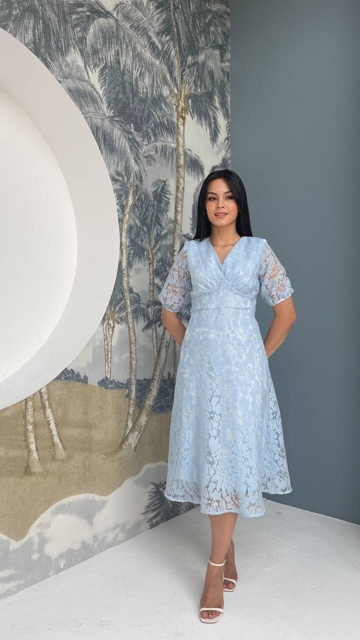 3740-MAVİ FİSTO ÇİÇEK DESEN ELBİSE