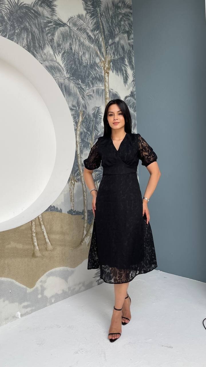 3740-SİYAH FİSTO ÇİÇEK DESEN ELBİSE