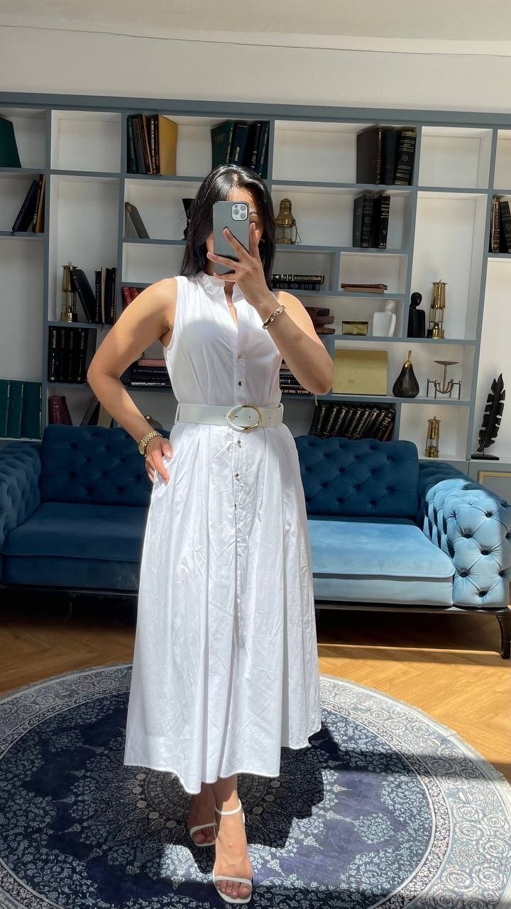 3747-BEYAZ KEMERLİ SIFIR KOL ELBİSE