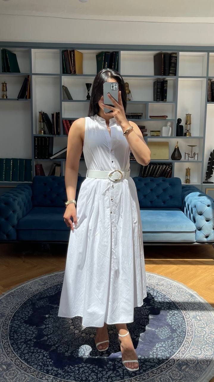 3747-BEYAZ KEMERLİ SIFIR KOL ELBİSE