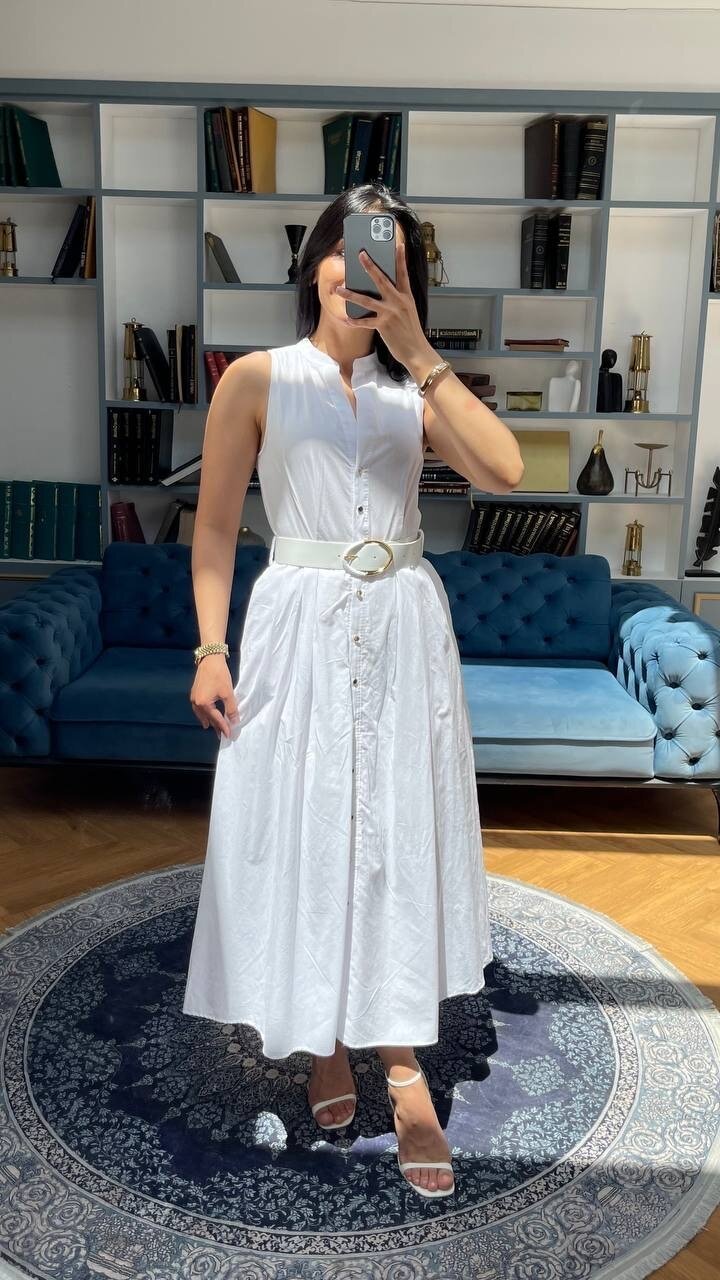 3747-BEYAZ KEMERLİ SIFIR KOL ELBİSE