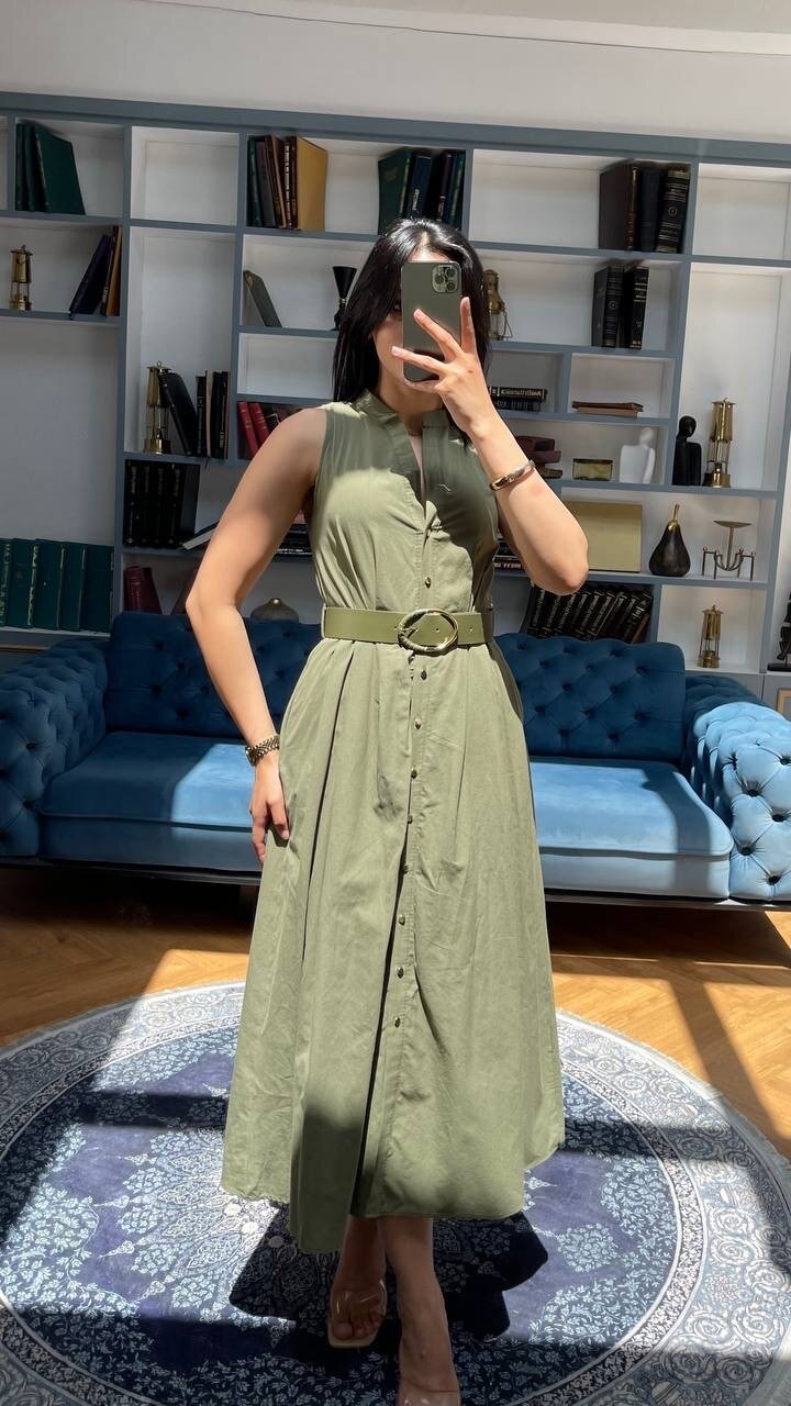 3747-HAKİ KEMERLİ SIFIR KOL ELBİSE