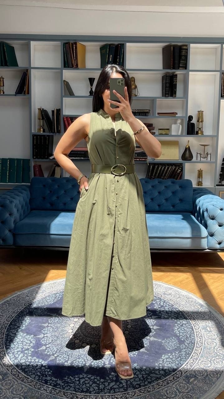 3747-HAKİ KEMERLİ SIFIR KOL ELBİSE