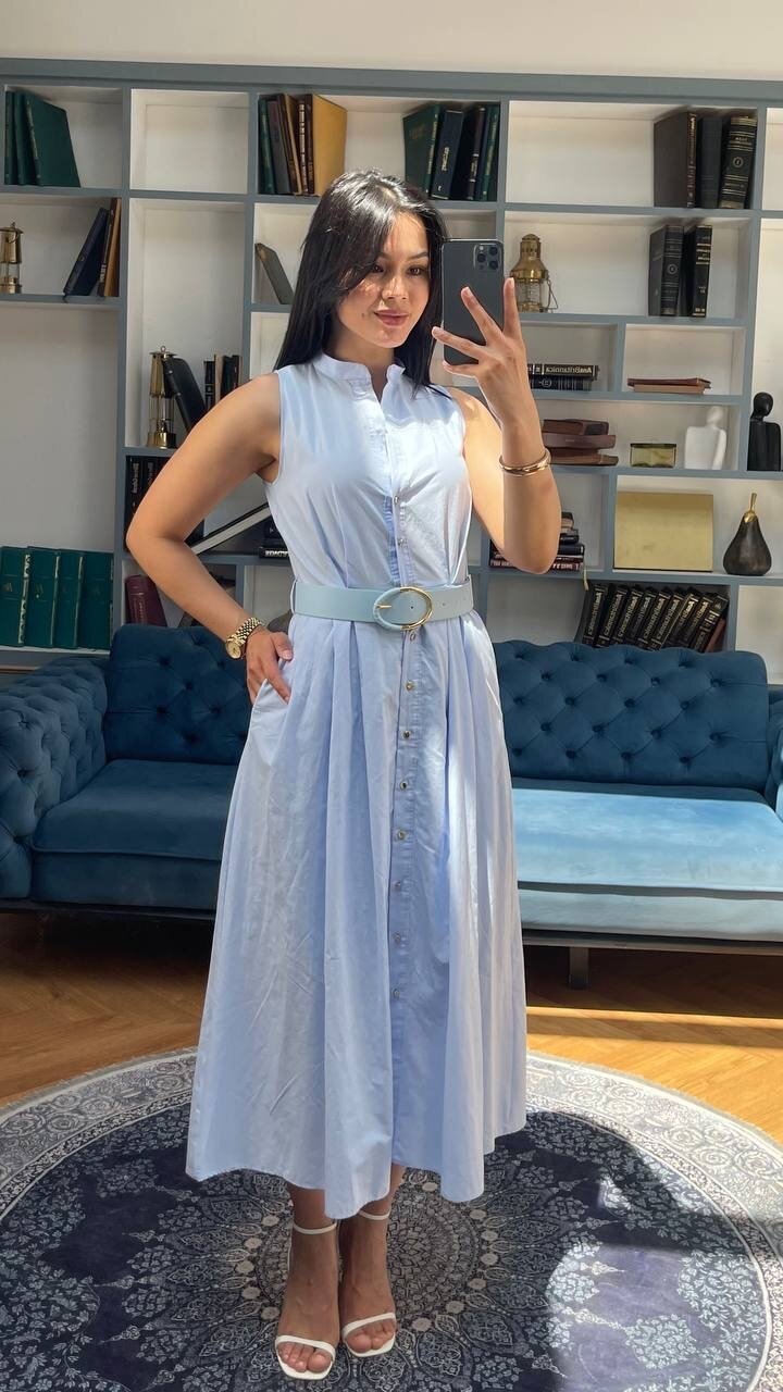 3747-MAVİ KEMERLİ SIFIR KOL ELBİSE