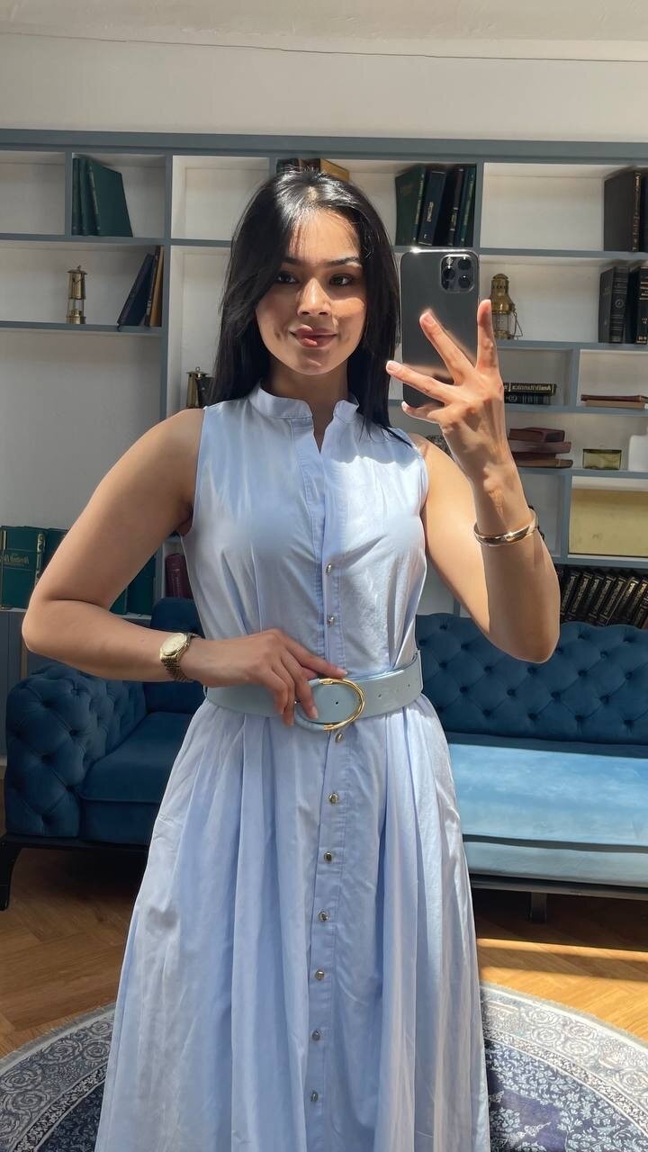 3747-MAVİ KEMERLİ SIFIR KOL ELBİSE