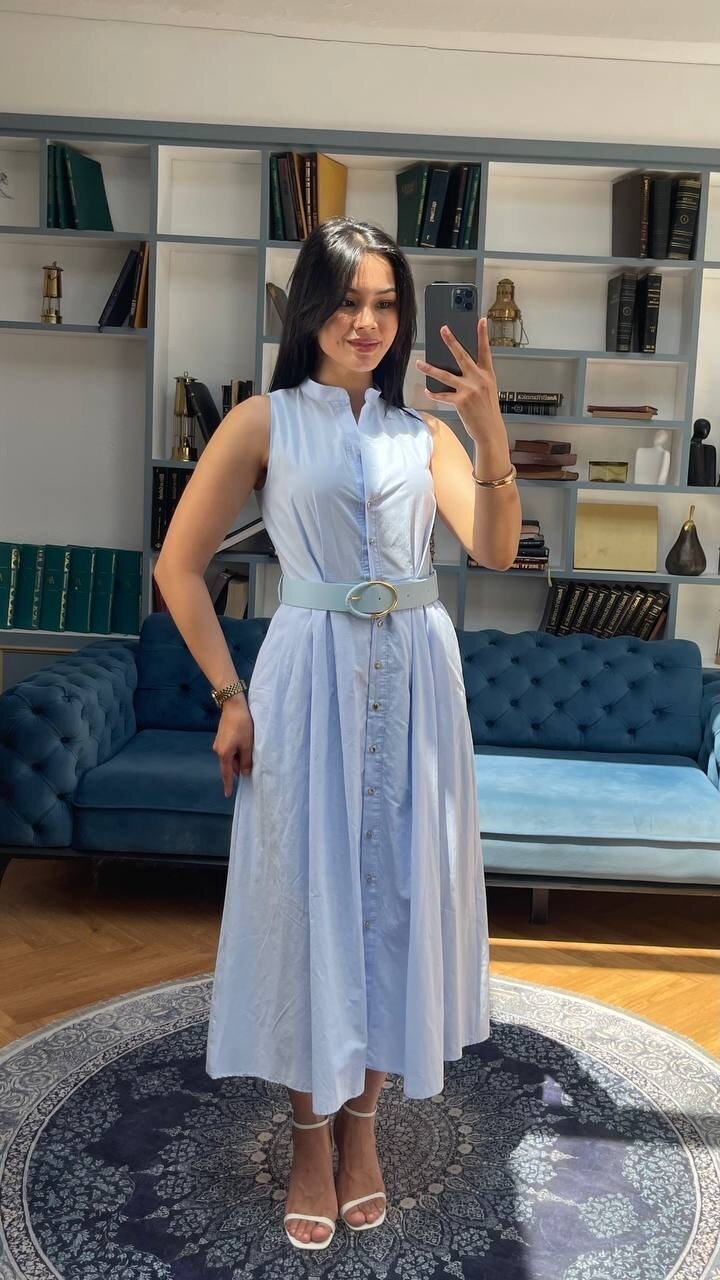 3747-MAVİ KEMERLİ SIFIR KOL ELBİSE