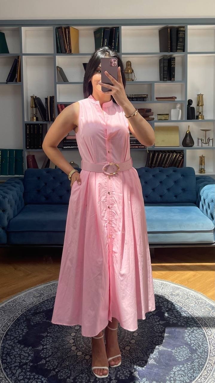 3747-PEMBE KEMERLİ SIFIR KOL ELBİSE