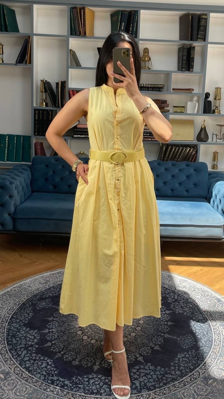 3747-SARI KEMERLİ SIFIR KOL ELBİSE