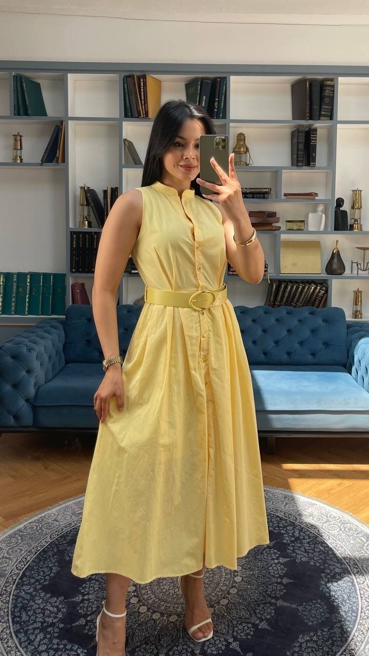 3747-SARI KEMERLİ SIFIR KOL ELBİSE