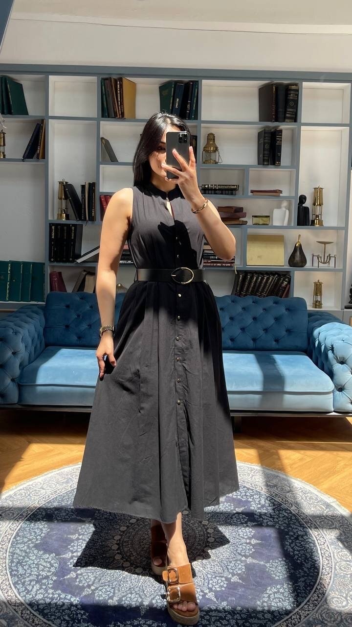 3747-SİYAH KEMERLİ SIFIR KOL ELBİSE