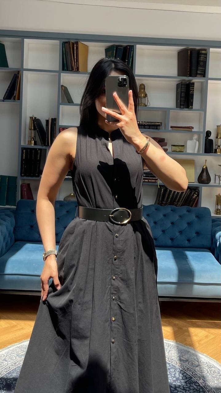 3747-SİYAH KEMERLİ SIFIR KOL ELBİSE