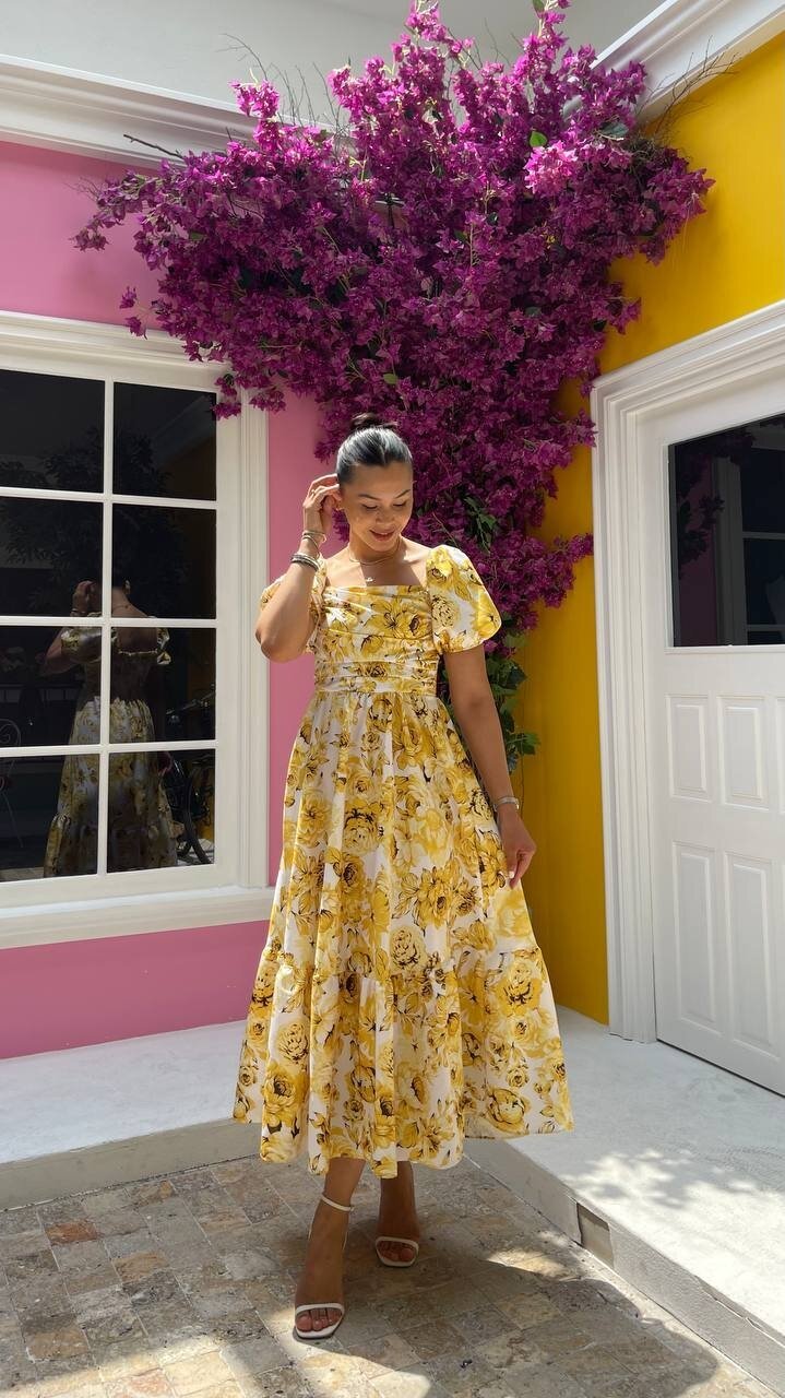 3749-SARI  BÜYÜK GÜL DESEN GİPELİ ELBİSE